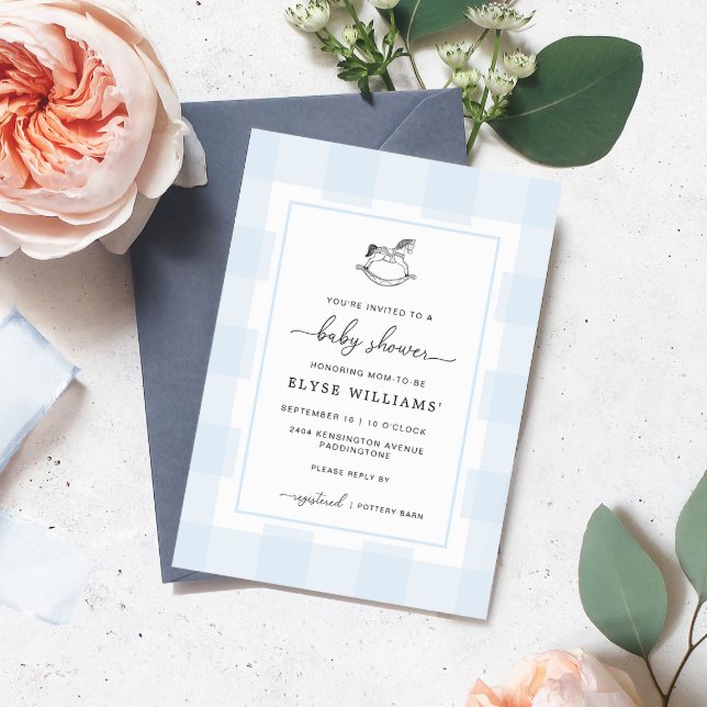 Rocking Horse Blue Gingham Baby Shower Invitation (Baby Shower Invitation Glue Gingham check Rocking Horse )