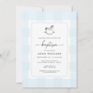 Rocking Horse Blue Gingham Baptism Invitation
