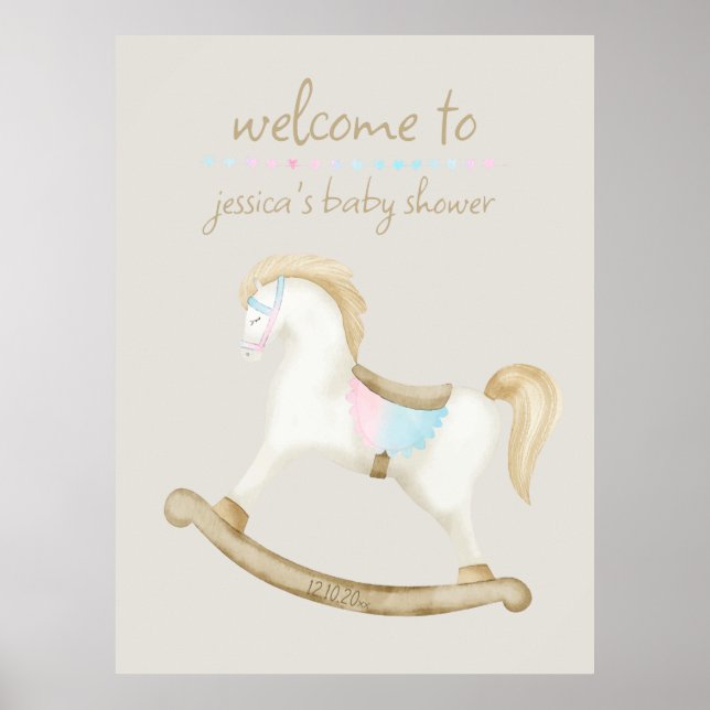 Rocking Horse Blue Pink Gender Baby Welcome Sign (Front)
