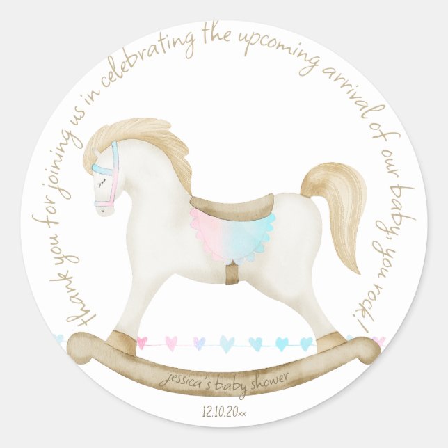 Rocking Horse Blue Pink Gender Neutral Baby Shower Classic Round Sticker (Front)