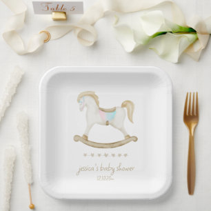 Rocking Horse Blue Pink Gender Neutral Baby Shower Paper Plate