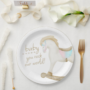 Rocking Horse Blue Pink Gender Neutral Baby Shower Paper Plate