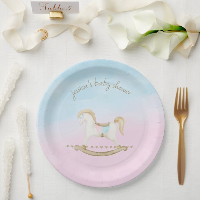 Rocking Horse Blue Pink Gender Neutral Baby Shower Paper Plate (Wedding)