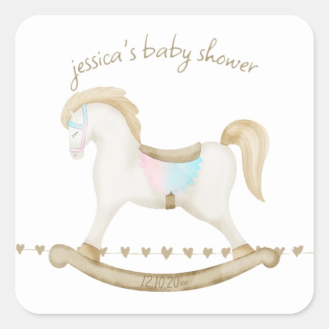 Rocking Horse Blue Pink Gender Neutral Baby Shower Square Sticker (Front)