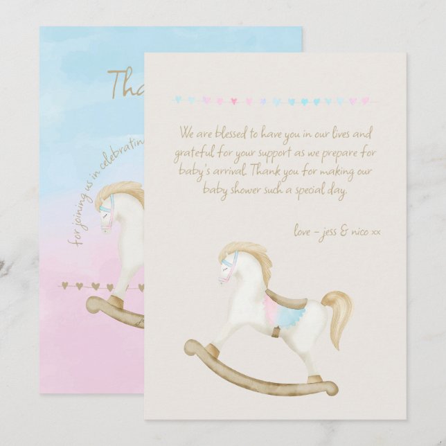 Rocking Horse Blue Pink Gender Neutral Baby Shower Thank You Card (Front/Back)