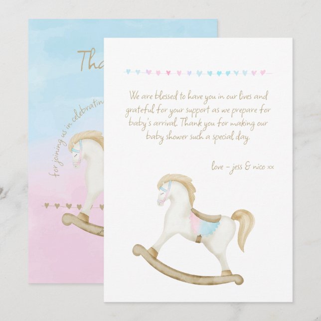 Rocking Horse Blue Pink Gender Neutral Baby Shower Thank You Card (Front/Back)