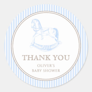 Rocking Horse Blue Toile De Jouy Baby Shower Classic Round Sticker
