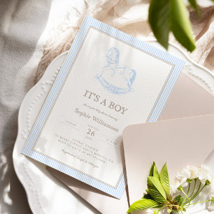Rocking Horse Blue Toile De Jouy Baby Shower Invitation