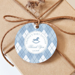 Rocking Horse Classic Argyle Blue Baby Shower Favour Tags