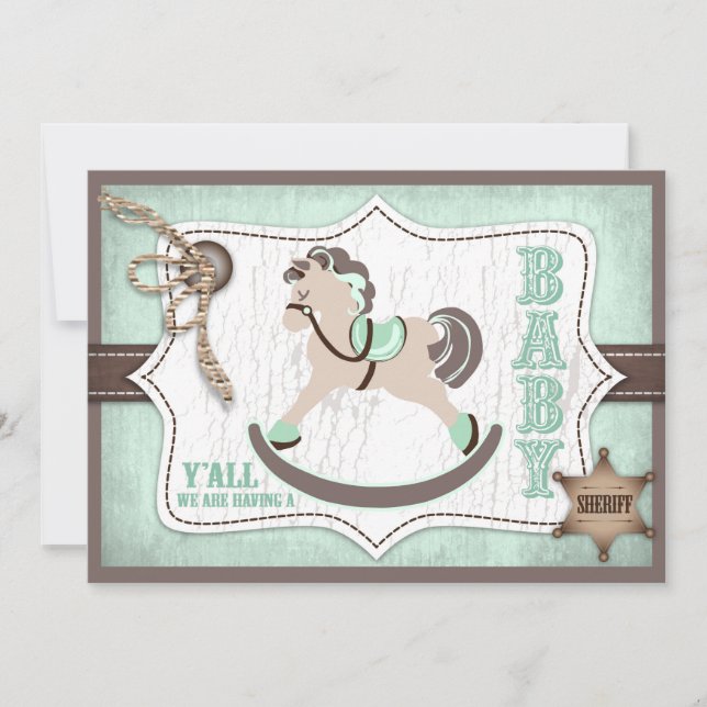 Rocking Horse Cowboy Baby Shower Mint Invitation (Front)