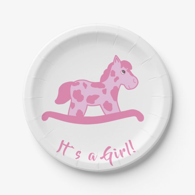 Rocking Horse Girl Baby Shower It`s a girl Paper Plate (Front)