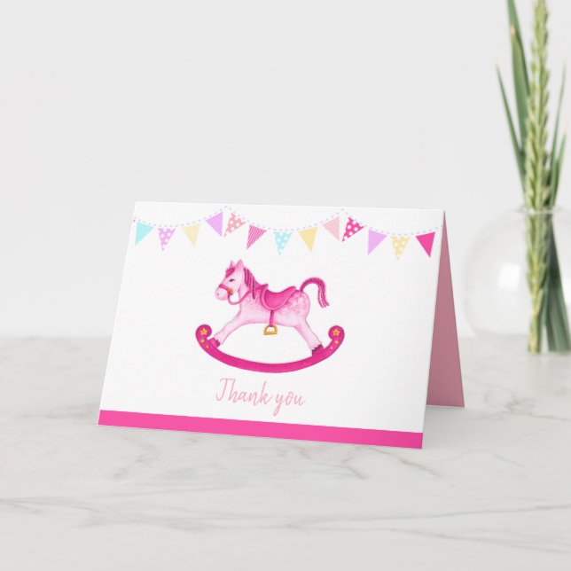 Rocking horse girl pink baby shower thank you card (Front)