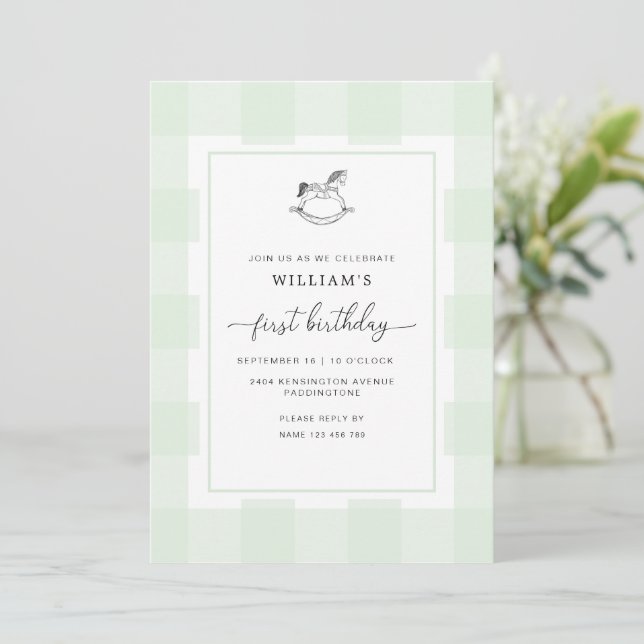 Rocking Horse Green Gingham 1st Birthday Invite (Standing Front)