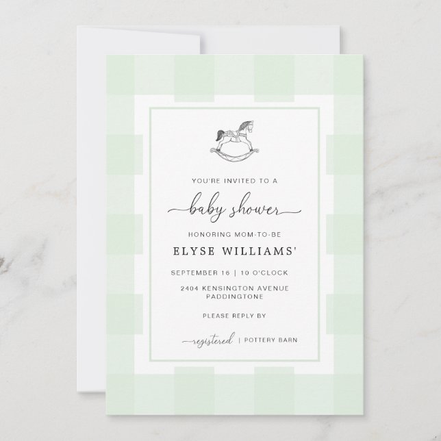 Rocking Horse Green Gingham Baby Shower Invitation (Front)