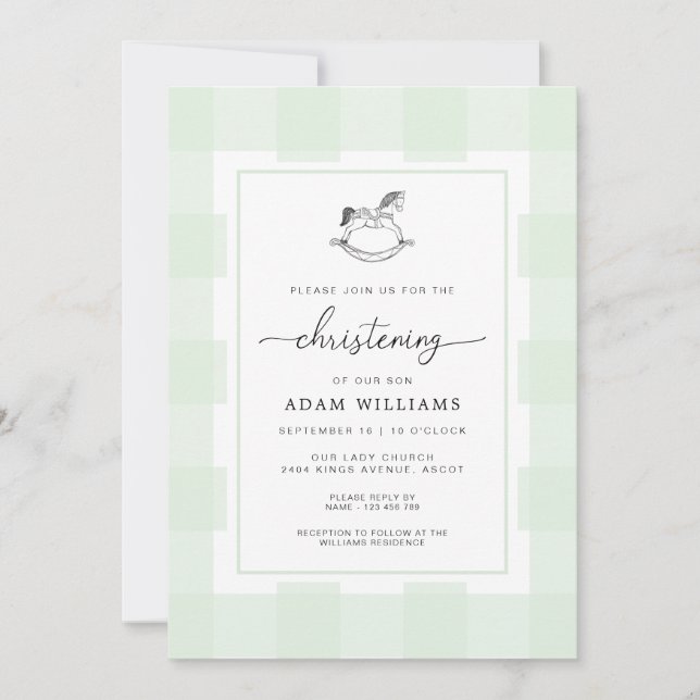 Rocking Horse Green Gingham Christening Invitation (Front)