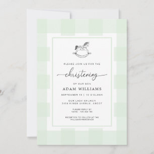 Rocking Horse Green Gingham Christening Invitation