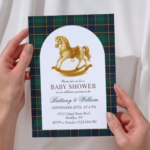 Rocking Horse Green Plaid Baby Shower Invitation
