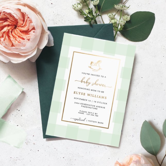 Rocking Horse Mint Gingham Baby Shower Foil Invite (Creator Uploaded)