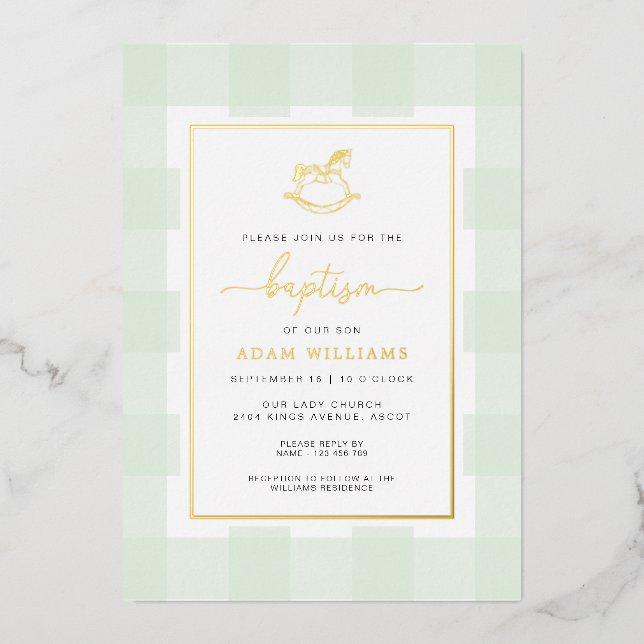 Rocking Horse Mint Gingham Baptism Foil Invitation (Front)