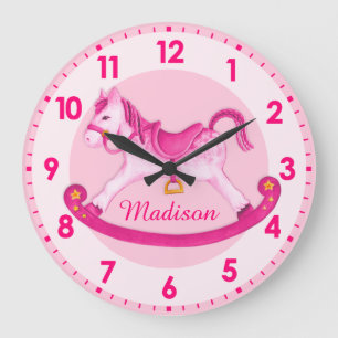 Rocking horse nursery named girls pink clock