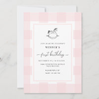 Rocking Horse Pink Gingham 1st Birthday Invitation