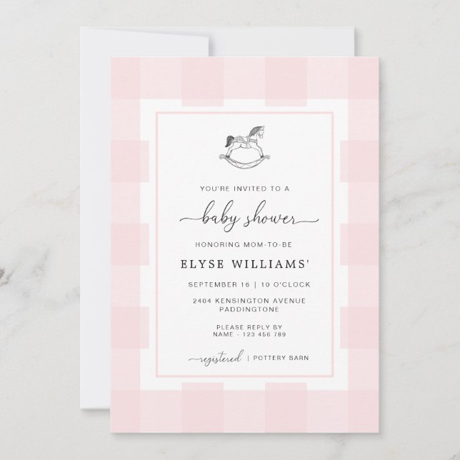 Rocking Horse Pink Gingham Baby Shower Invitation (Front)