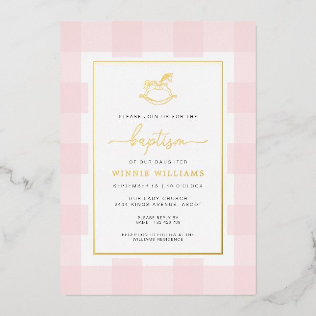 Rocking Horse Pink Gingham Baptism Foil Invitation (Front)