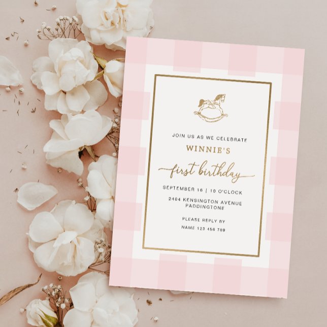 Rocking Horse Pink Gingham Birthday Foil Invite (Rocking Horse Pink Gingham First Birthday Invitation )