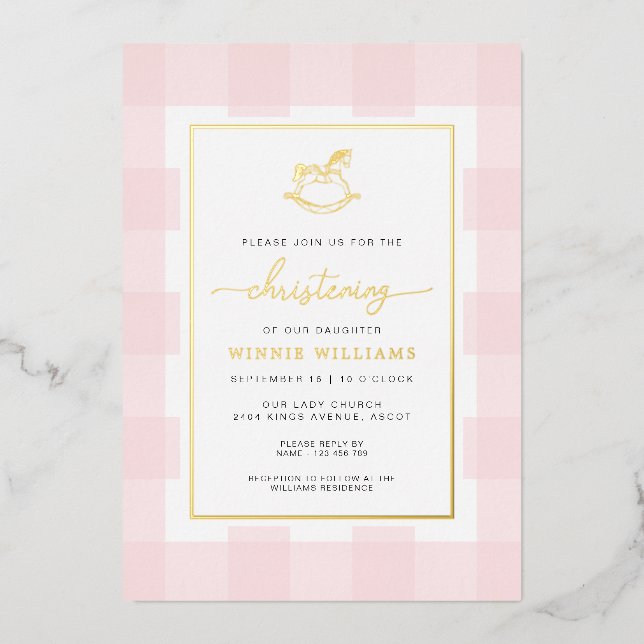 Rocking Horse Pink Gingham Christening Foil Invite (Front)
