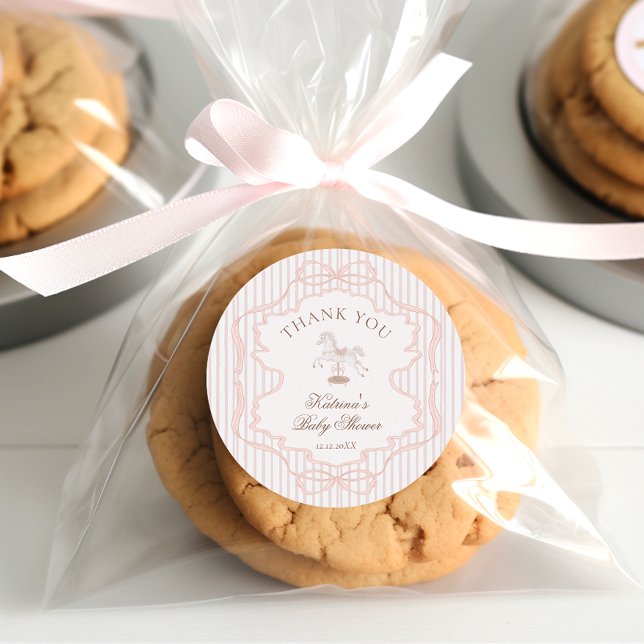 Rocking Horse Pink Girl Baby Shower Thank you Classic Round Sticker (Creator Uploaded)