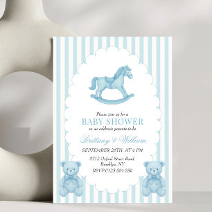 Rocking Horse Preppy Bear Blue Baby Shower  Invitation
