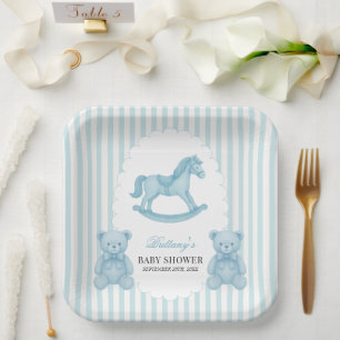 Rocking Horse Preppy Bear Blue Baby Shower  Paper Plate