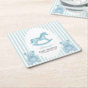Rocking Horse Preppy Bear Blue Baby Shower  Square Paper Coaster