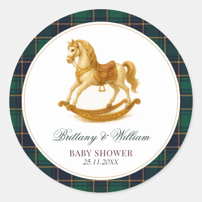 Rocking Horse Tartan Plaid Baby Shower  Classic Round Sticker (Front)