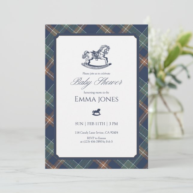 Rocking Horse Tartan Plaid Classic Baby Shower Invitation (Standing Front)