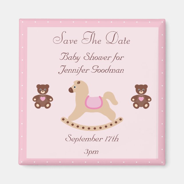Rocking Horse & Teddies Save The Date Baby Shower Magnet (Front)