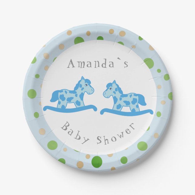 Rocking Horse Twin Boy Baby Shower Party Paper Plate (Front)