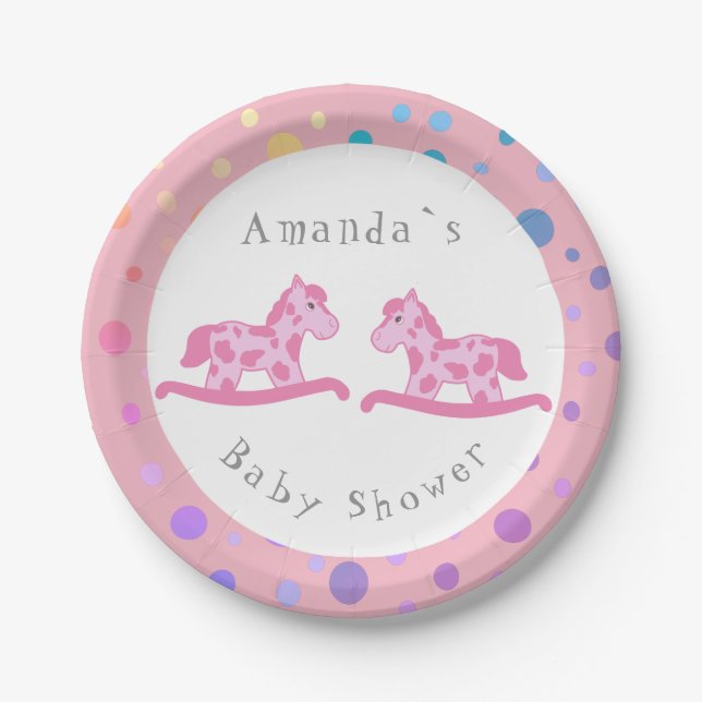 Rocking Horse Twin Girl Baby Shower Party Paper Plate (Front)