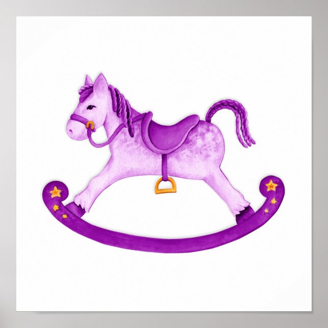 Rocking horse watercolor art purple nursery poster (Front)