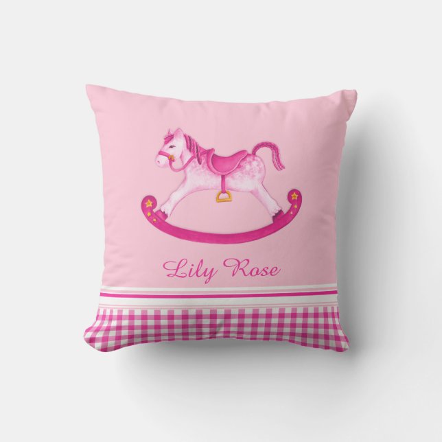 Rocking horse watercolor pink named kids pillow (Front)
