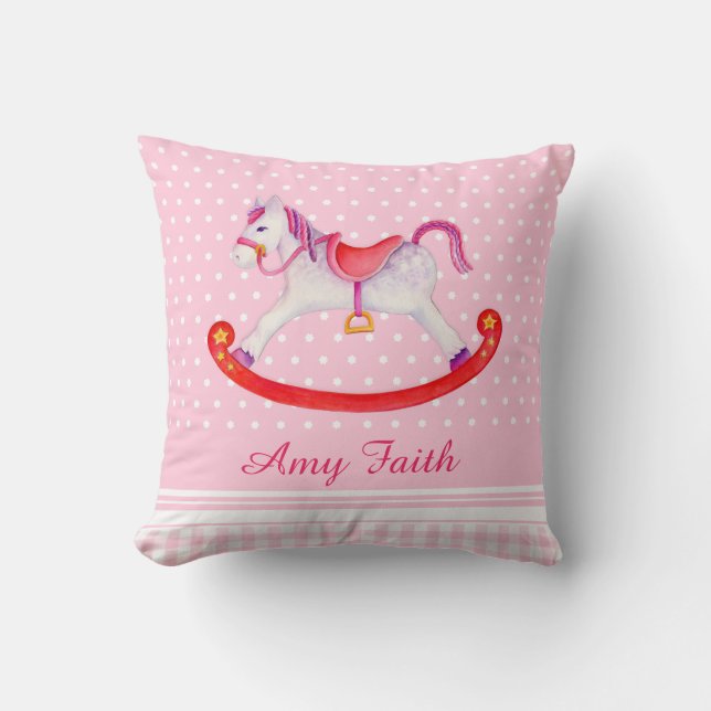 Rocking horse watercolor pink named kids pillow (Front)