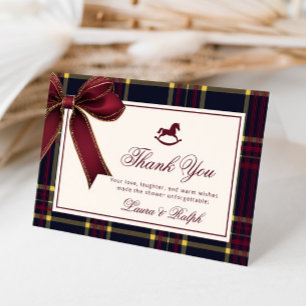 Rocking Horse Winter Burgundy Plaid Baby Shower Thank You Card