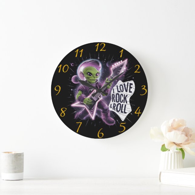 Rocking out cartoon green-skinned space alien  large clock (Home)