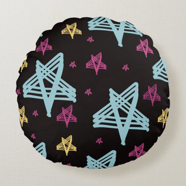 Rocking Stars Pink Blue Black  Round Cushion (Front)