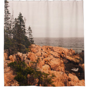 Rocks and trees on the Maine shoreline in Acadia N Shower Curtain