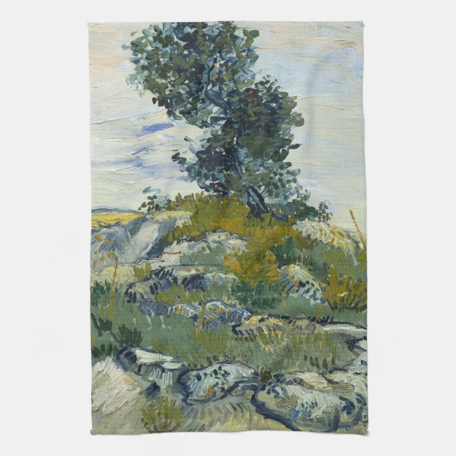 Rocks with Oak Tree, Van Gogh Oil Painting Tea Towel (Vertical)