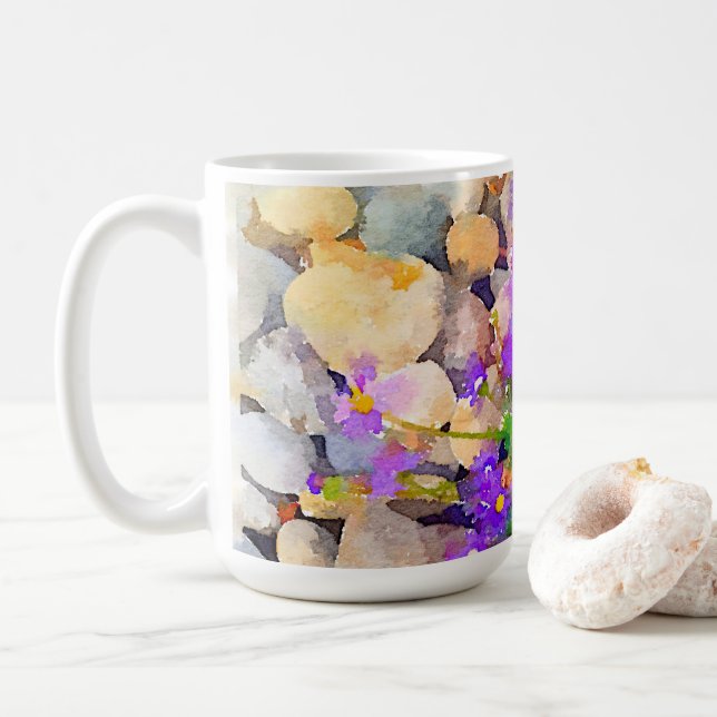 Rocks with Purple Flowers Watercolor Photo Mug (With Donut)