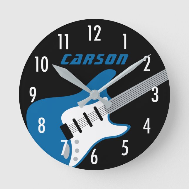 Rockstar Blue and Black Guitar Monogram Name Kids Round Clock (Front)