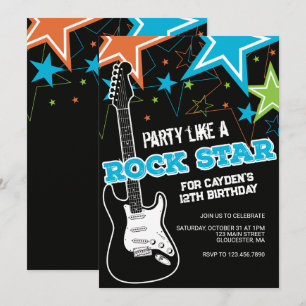 Rockstar Blue Orange guitar birthday Invitation