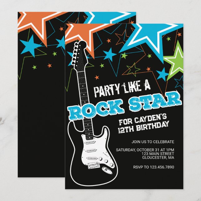 Rockstar Blue Orange guitar birthday Invitation (Front/Back)